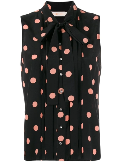 Tory Burch Tie-neck Embellished Polka-dot Silk Crepe De Chine Top In Black