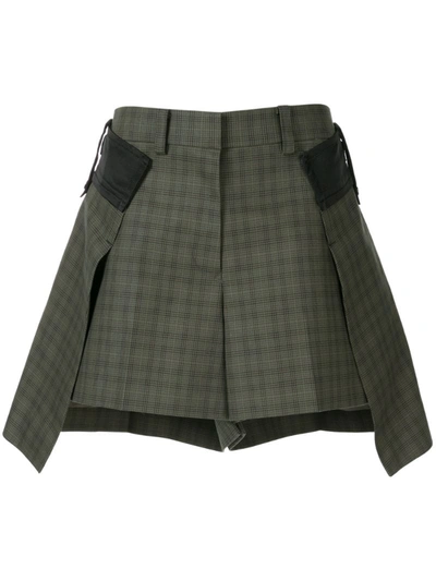 Sacai Layered Checked Cotton Shorts In Dark Green