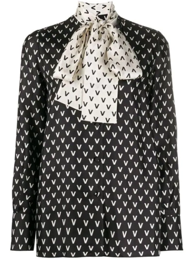 Valentino Pussy-bow Printed Silk-satin Blouse In Black