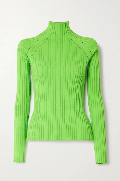 Anna Quan Blake Neon Pointelle-trimmed Ribbed Cotton Sweater In Green