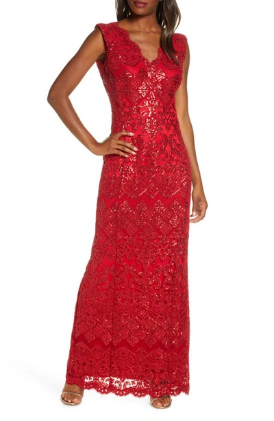 Tadashi Shoji Leang Sequin Embroidered Gown In Flame