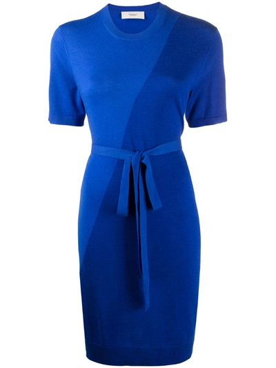 Pringle Of Scotland Two-tone Tie-waist Knitted Dress In Blue