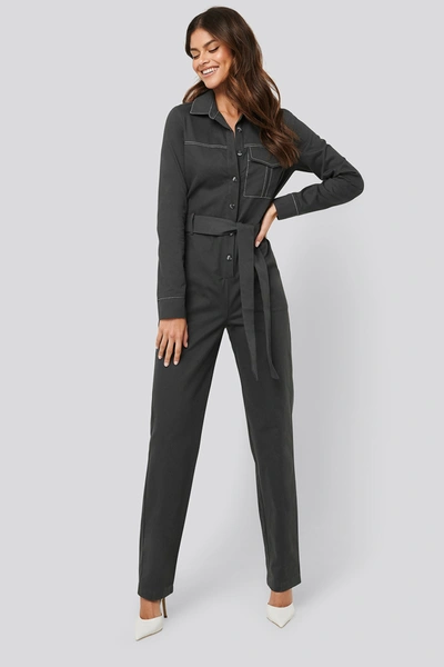 Afj X Na-kd Contrast Seam Jumpsuit Grey In Dark Grey