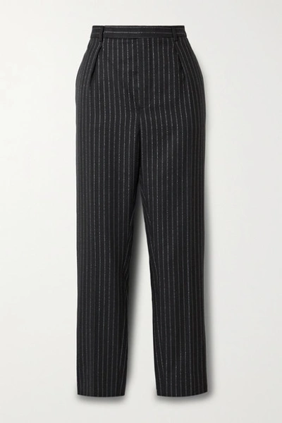 Saint Laurent Cropped Metallic Pinstriped Wool-blend Twill Straight-leg Pants In Black