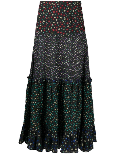 Rixo London Dakota Tiered Floral-print Modal Maxi Skirt In Black