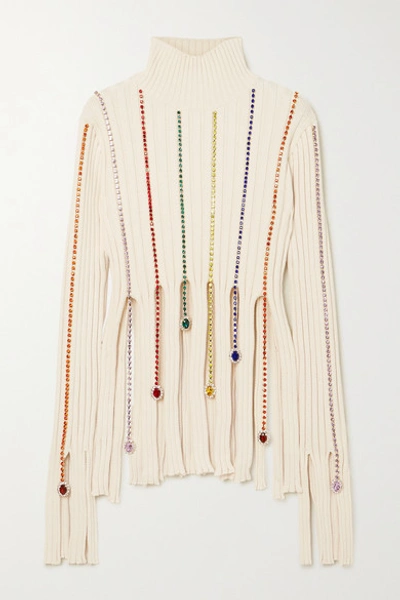 Area Fringed Crystal-embellished Ribbed Cotton-blend Sweater In Ivory & Rainbow