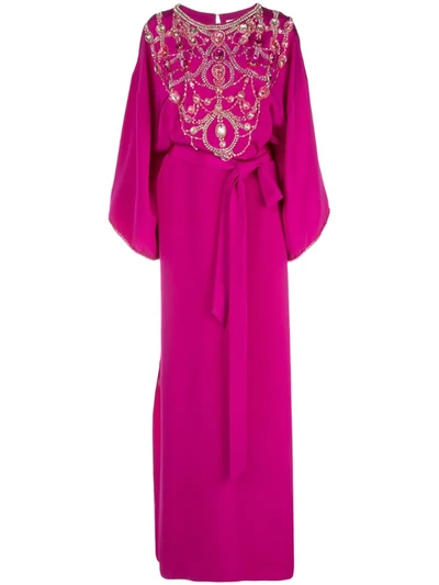 Marchesa Belted Crystal-embellished Silk-crepe Gown In Fuchsia