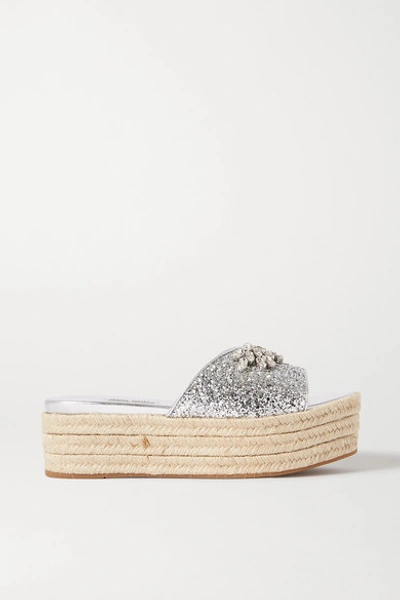 Miu Miu Crystal-embellished Glittered Leather Espadrille Platform Slides In Silver