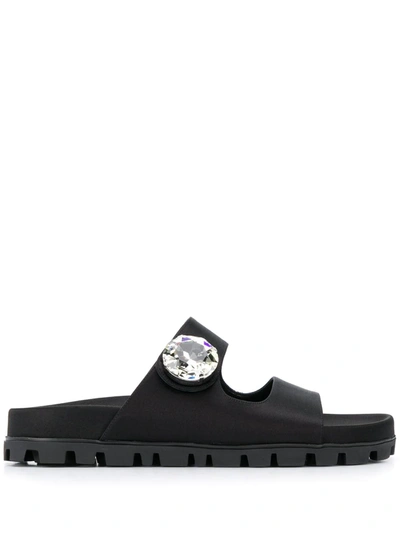 Miu Miu Crystal-embellished Leather Slides In Black