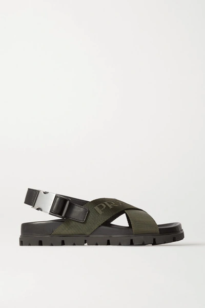 Prada Logo-detailed Leather And Canvas Sandals In Army Green