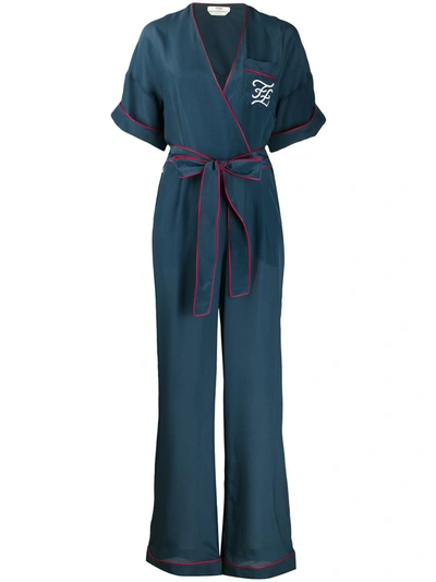 Fendi Tuta Belted Wrap-effect Embroidered Silk Jumpsuit In Navy