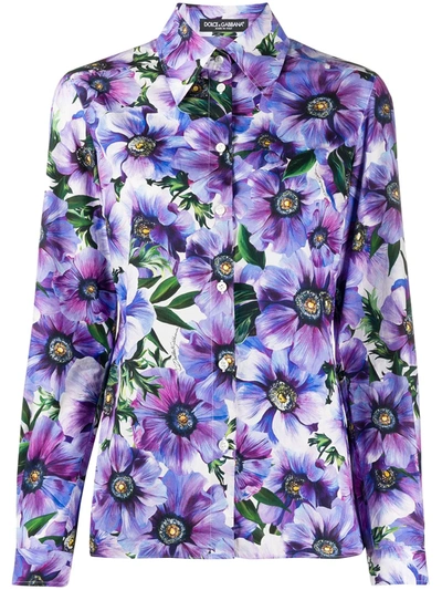 Dolce & Gabbana Fitted Anemone Print Cotton Poplin Shirt In Purple