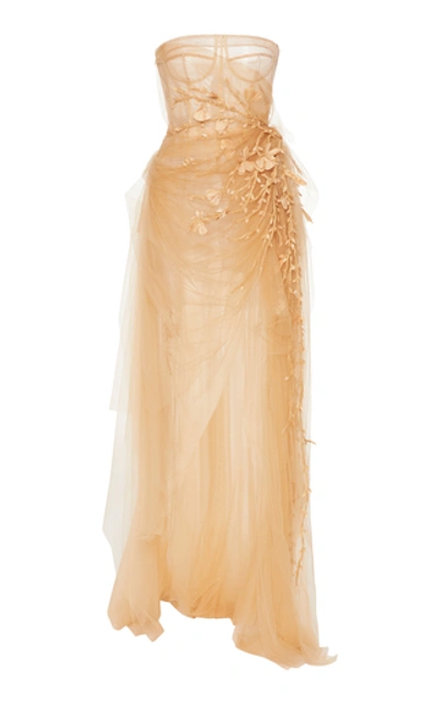 Oscar De La Renta Embroidered Tulle Bustier Gown In Neutral | ModeSens