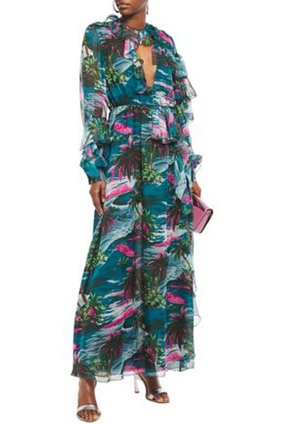 Msgm Cutout Ruffle-trimmed Printed Chiffon Maxi Dress In Teal