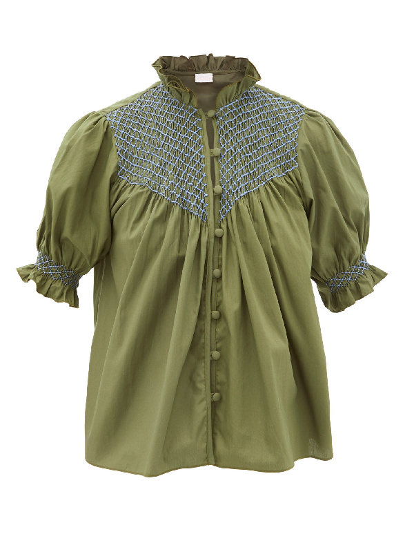 Loretta Caponi Milvia High-neck Smocked Cotton Blouse In Green | ModeSens