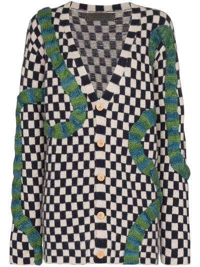 The Elder Statesman Contrast Braid Chequered Cashmere Cardigan In Blue