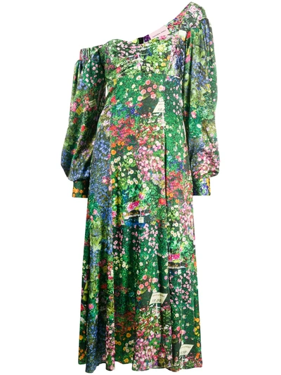 Natasha Zinko Off-shoulder Floral-print Satin Dress In Green