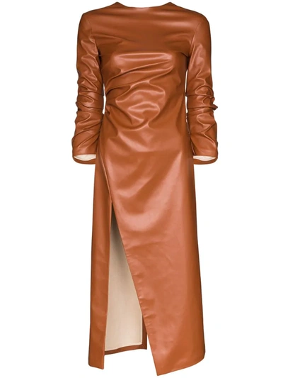 A.w.a.k.e. Gathered Side-slit Faux-leather Dress In Brown