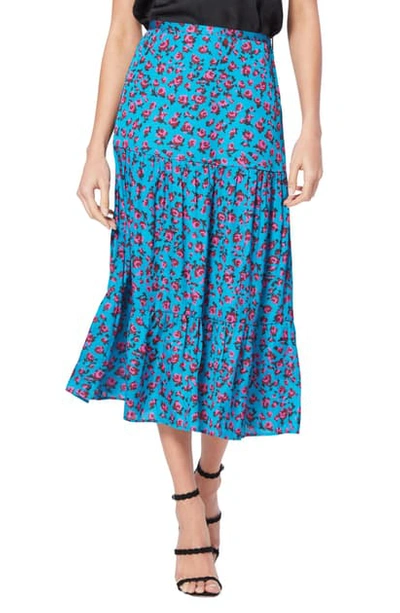 Paige Bestia Floral Print Tiered Midi Skirt In Neon Blue/ Meadow Mauve