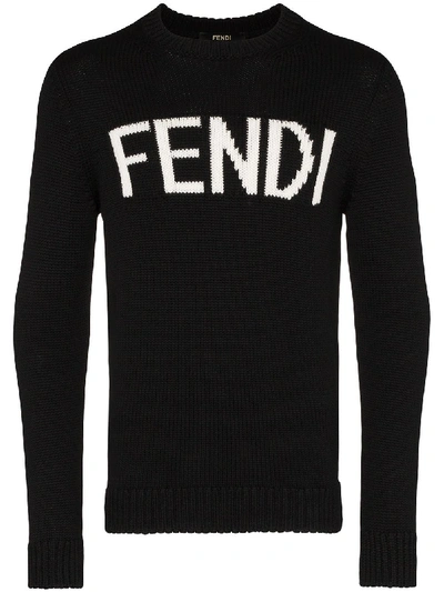 Fendi Logo-intarsia Virgin Wool Sweater In Black