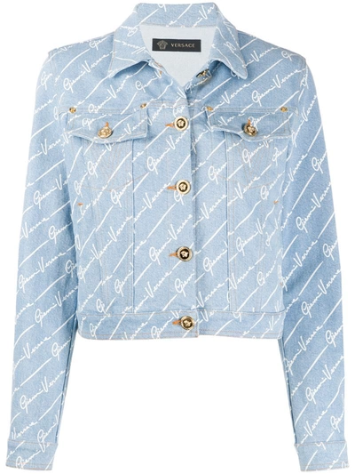 Versace Signature Print Cotton Denim Crop Jacket In Blue