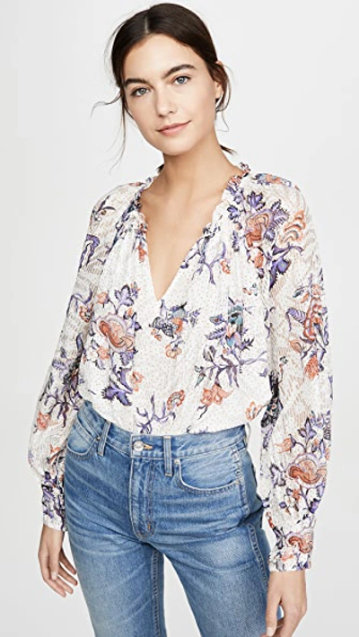 Rebecca Taylor Floral Print Toile Top In Snow Combo