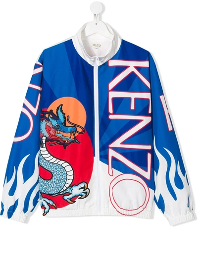 Kenzo Kids' Multicolor Windbreaker Jacket For Boy With Iconic Dragon In White