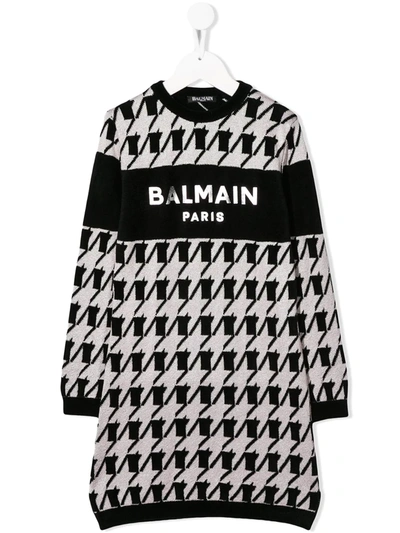 Balmain Kids' 犬牙纹粘胶纤维&纯棉针织连衣裙 In Pink