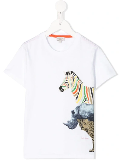 Paul Smith Junior Kids' White Boy T-shirt With Zebra, Rhino And Cheetah