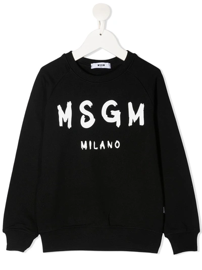 Msgm Kids' Paint Brushed Logo-print Cotton Sweatshirt In Black