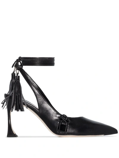 Liudmila Black Slip 100 Lace Ankle Tie Leather Pumps
