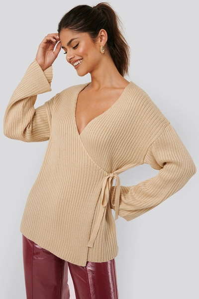 Afj X Na-kd Ribbed Overlap Tie Sweater - Beige In Creme