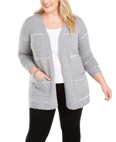 Belldini Plus Size Metallic-stripe Cardigan Sweater In Heather Grey/silver