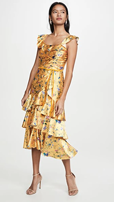 Marchesa Notte Sleeveless Printed Charmeuse Tiered Cocktail Dress In Yellow