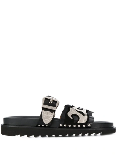 Toga Virilis Western Buckle-strap Leather Slides In Black