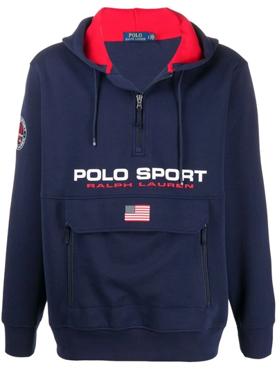 Polo Ralph Lauren Logo-print Zipped Collar Hoodie In Blue