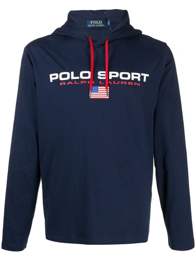Polo Ralph Lauren Logo-print Long-sleeved Hoodie In Blue