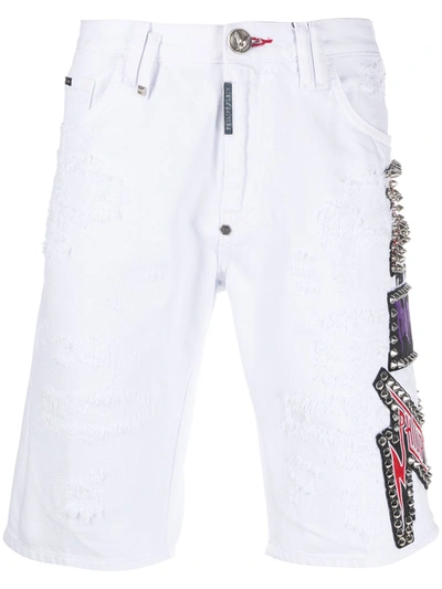 Philipp Plein Mid Rise Denim Bermuda Shorts In White