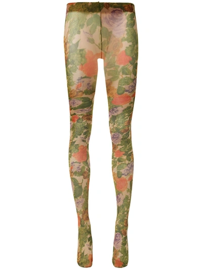 Richard Quinn Floral -print Sheer Tights In Green