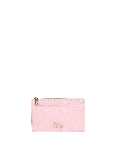 Dolce & Gabbana Dauphine Leather Top Zip Card Holder In Pink
