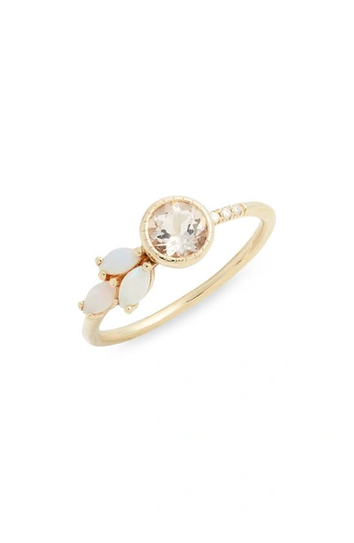 Jennie Kwon Designs Morganite, Diamond & Opal Leaf Ring In Yellow Gold/ Opal/ Diamond