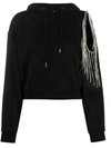 Area Crystal Fringe French Terry Crop Hoodie In Black