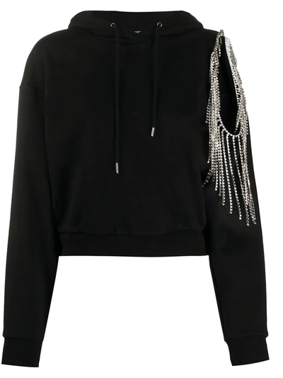 Area Crystal Fringe French Terry Crop Hoodie In Black