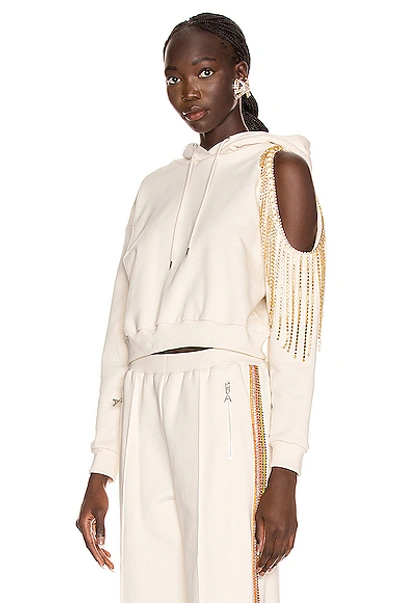 Area Crystal Fringe French Terry Crop Hoodie In Ivory