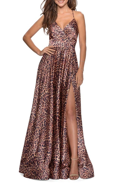 La Femme Leopard Print Strappy Slit Gown