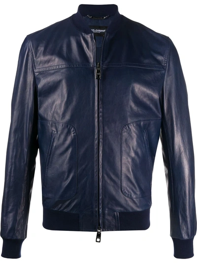 Dolce & Gabbana Bomber Leather Jacket In Blue