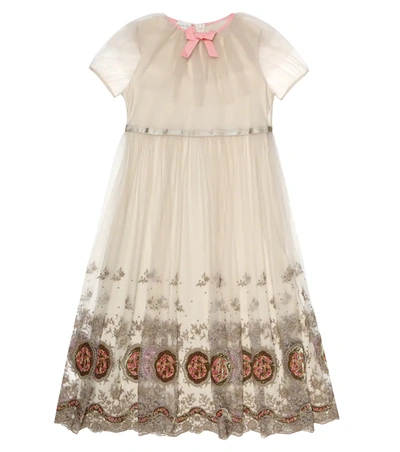 Gucci Kids' Embroidered Tulle Dress In Beige