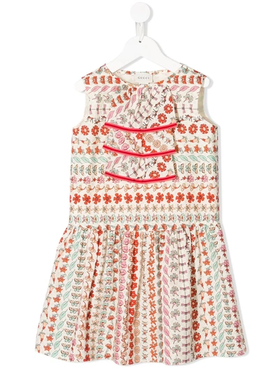 Gucci Kids' Floral Cotton Dress In Neutrals