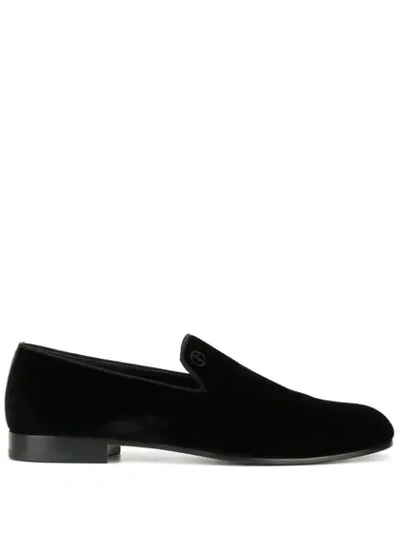 Giorgio Armani Velvet Logo Loafers In Black