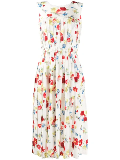 Ermanno Scervino Sleeveless Pleated Floral Print Dress In White/multicolor